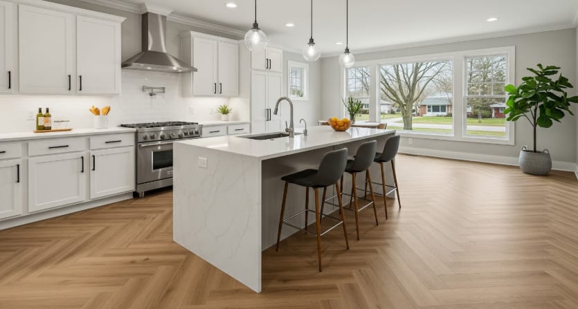 Bright modern kitchen with white cabinets, marble island, wood flooring, pendant lights, and large windows overlooking yard.