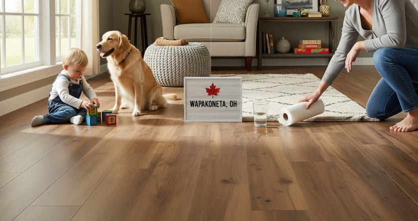 Child playing with blocks, dog sitting nearby, adult cleaning floor spill with paper towel in cozy living room.