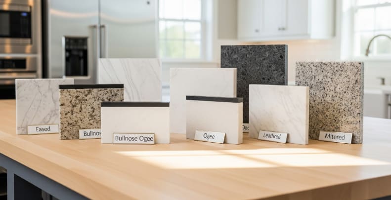 Various countertop edge style samples labeled Eased, Bullnose, Ogee, Leathered, and Mitered displayed on a wooden table.