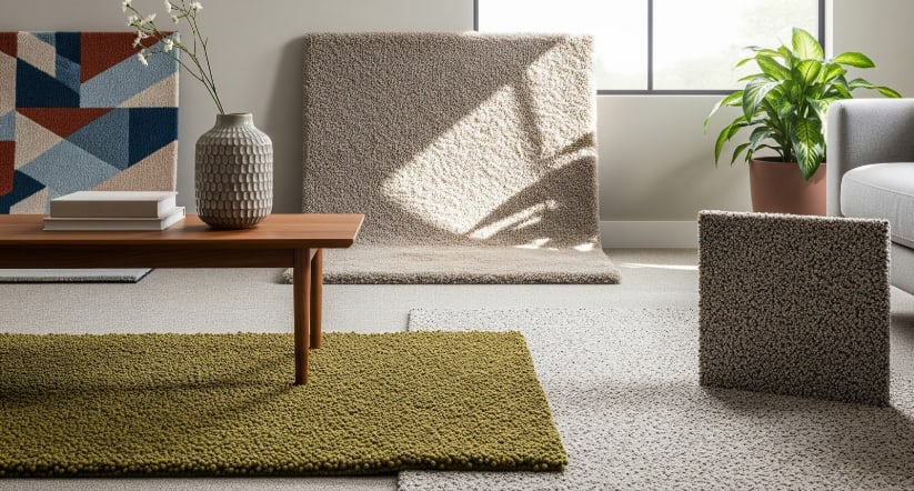 Flooring samples with wood planks, textured tiles, and metallic finishes displayed on a smooth concrete surface.