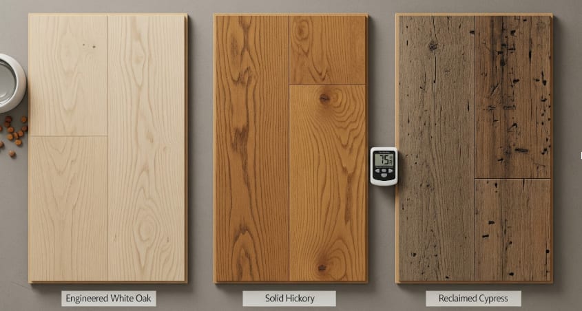 Three wood flooring samples labeled Engineered White Oak, Solid Hickory, and Reclaimed Cypress displayed side by side.