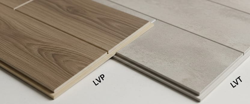 Close-up of flooring samples showing wood-look LVP on the left and stone-look LVT on the right, labeled accordingly.