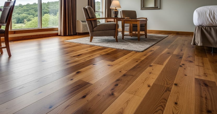 Cozy room with large window, wooden chairs and table on rug, and natural hardwood flooring with warm tones