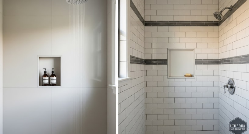 Two modern showers, one with sleek white panels and the other with subway tiles and gray accent stripe, both with niches.