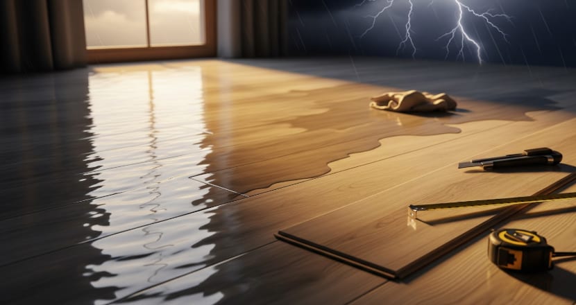 Rainwater floods a wooden floor near a window during a thunderstorm, with tools and a cloth nearby for cleanup and repair.