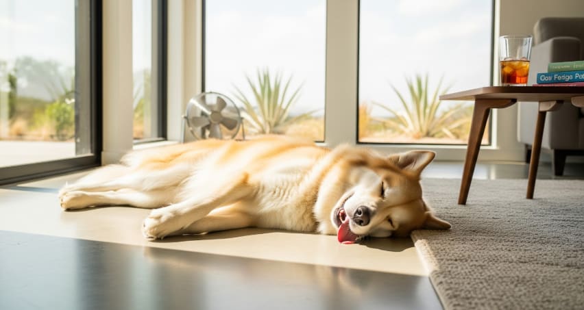 A fluffy dog lies on the floor with its tongue out, resting in the sunlight near large windows and a table with a drink.