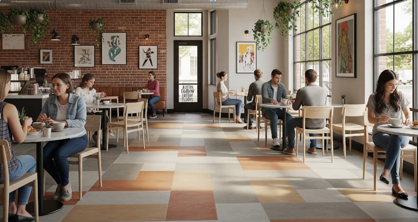 People sit at tables chatting and eating inside a modern café with brick walls, large windows, and plants hanging from the ceiling.