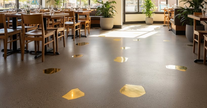 Restaurant interior with wooden chairs, tables, plants, and terrazzo floor featuring reflective gold inlays under natural light.
