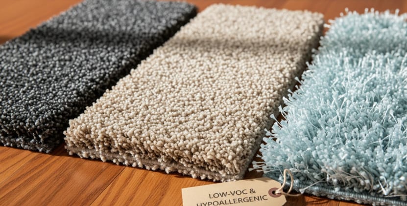 Close-up of carpet samples in gray, beige, and blue shades on wooden surface, labeled low-VOC and hypoallergenic