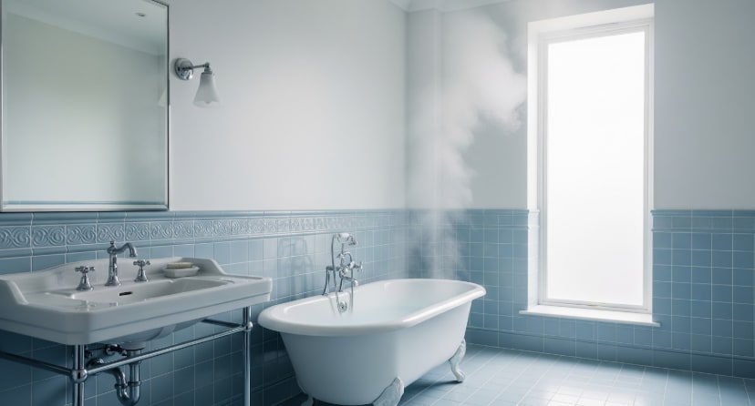 Bathroom with blue tile walls and floor, white clawfoot bathtub releasing steam, and a sink with mirror above