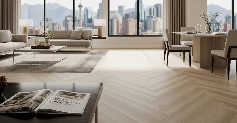 Modern living and dining area with light herringbone flooring, city skyline view, and neutral contemporary decor.