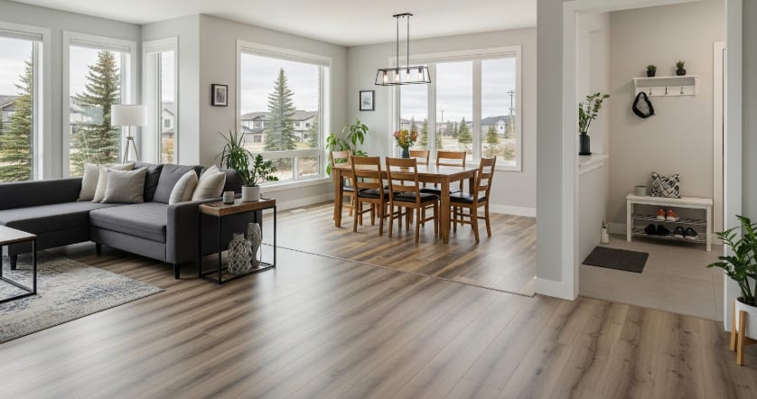 Open living and dining room with wood flooring, gray sofa, wooden table set, large windows, and entryway nook