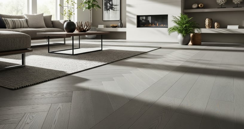 Modern living room with gray herringbone wood flooring, sofa, coffee table, rug, fireplace, and green plants