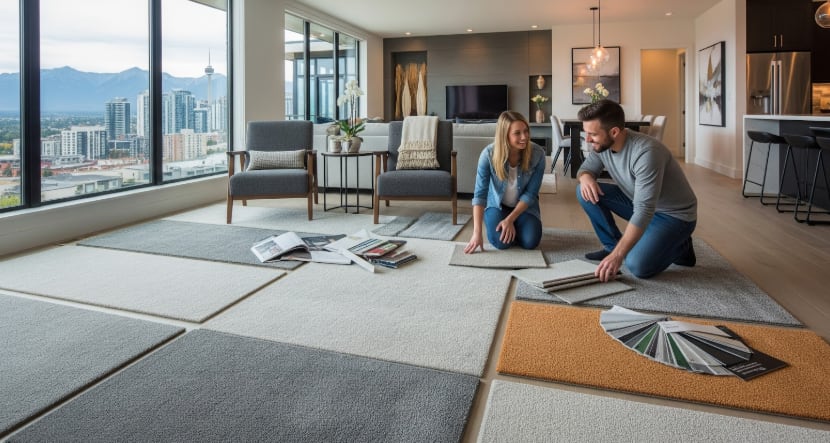 Couple in modern living room reviewing carpet samples laid on floor, with city skyline and mountains visible through windows