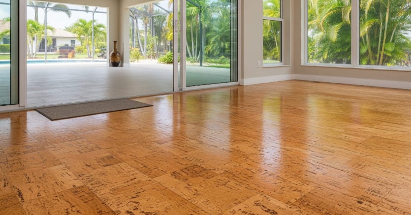 Bright room with cork flooring, large windows, and sliding glass doors opening to a patio and poolside view