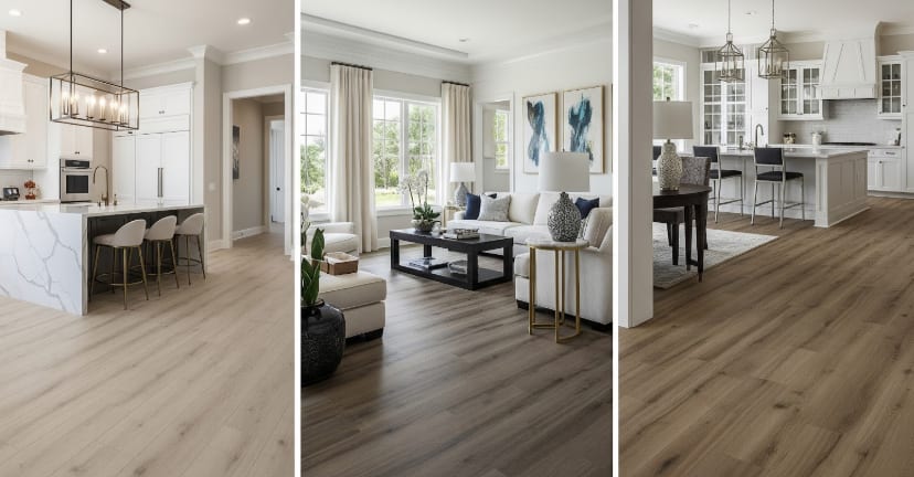 Modern home interiors with light wood flooring, featuring a kitchen, living room, and dining space with elegant decor.