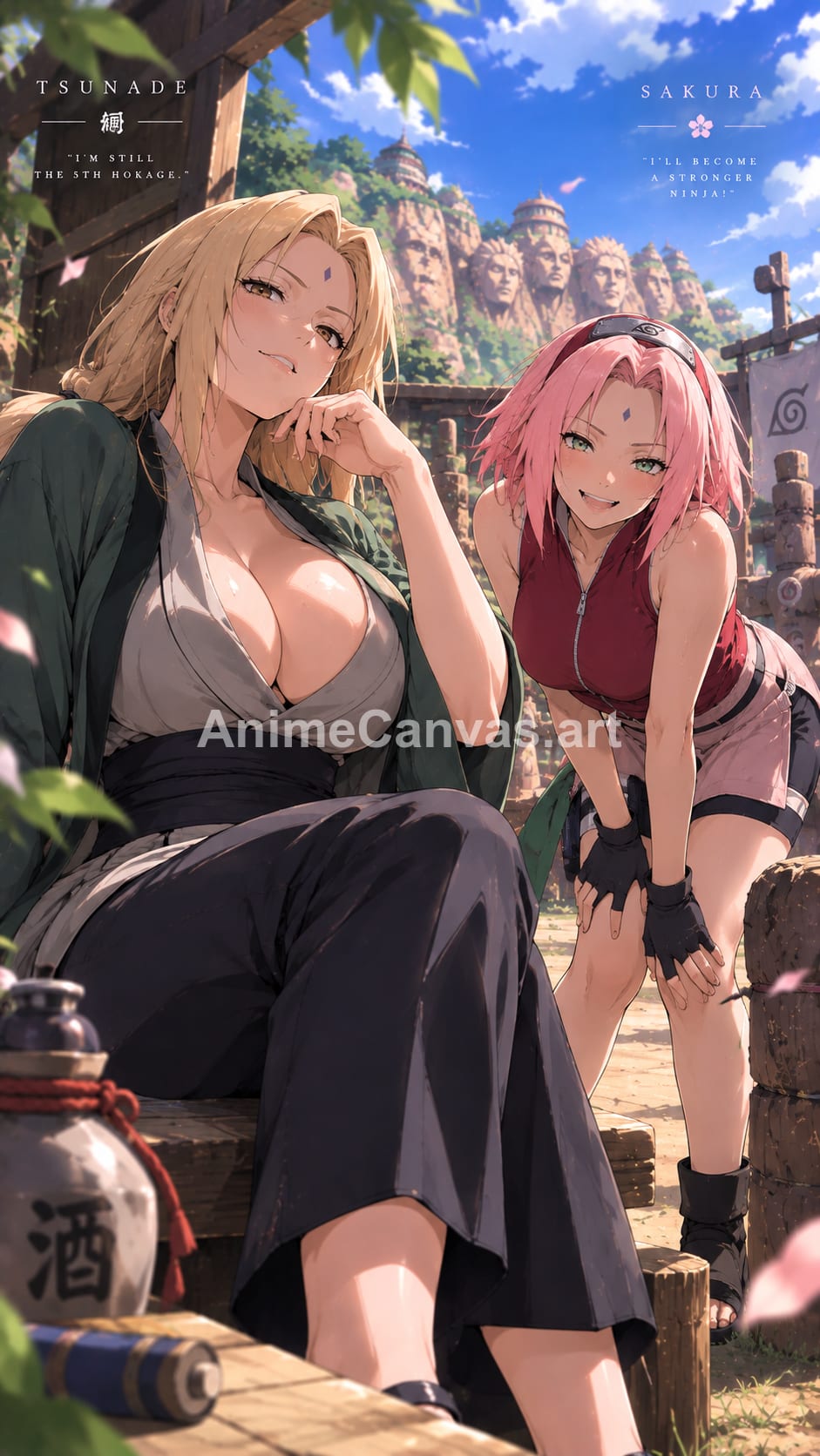 Anime illustration of Tsunade and Sakura sitting together in a sunny outdoor area with the Hidden Leaf Village's stone faces in the background.
