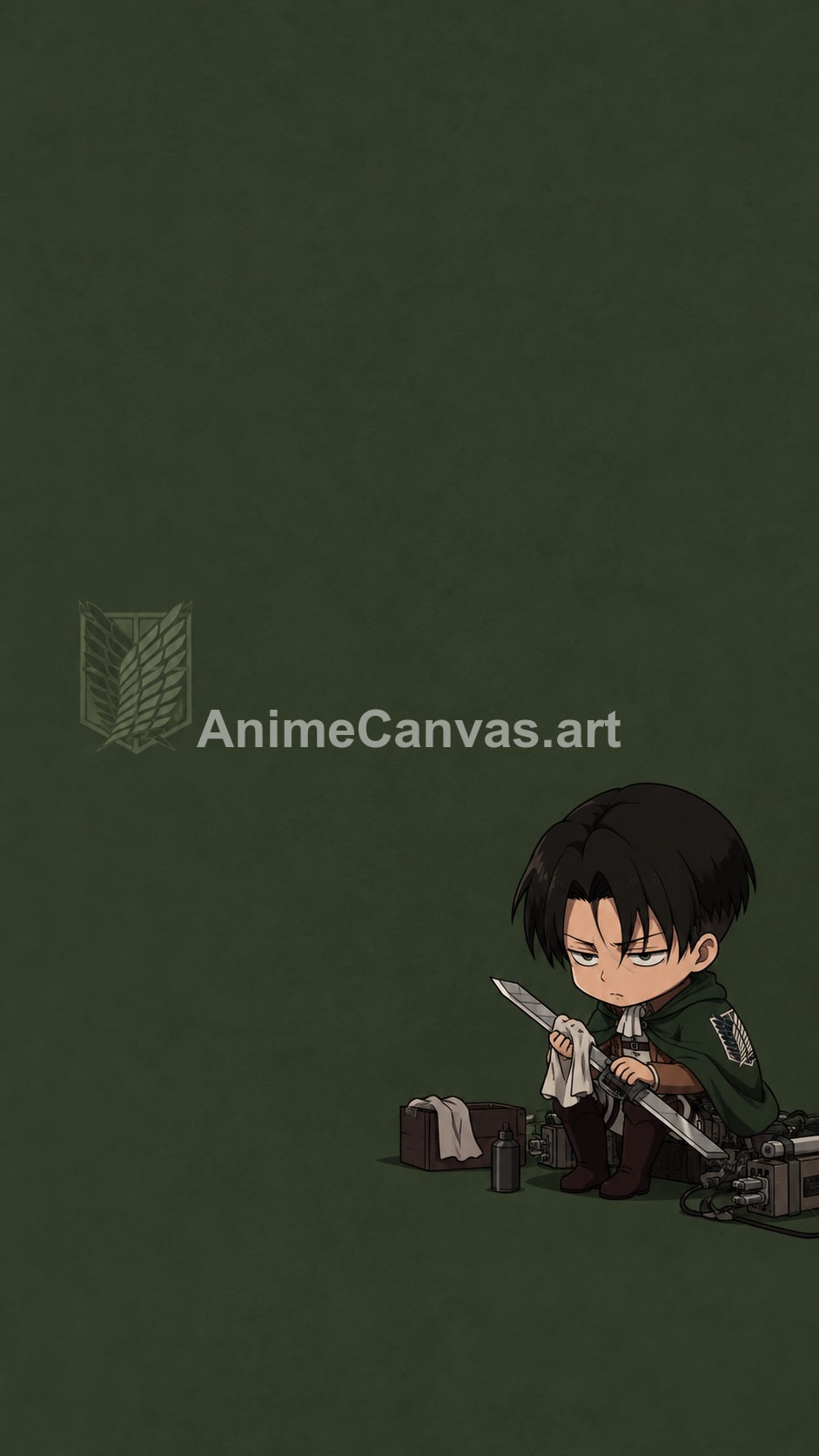 Chibi Levi Ackerman from Attack on Titan sitting on the ground cleaning a sword with a cloth, wearing his green cloak and ODM gear.