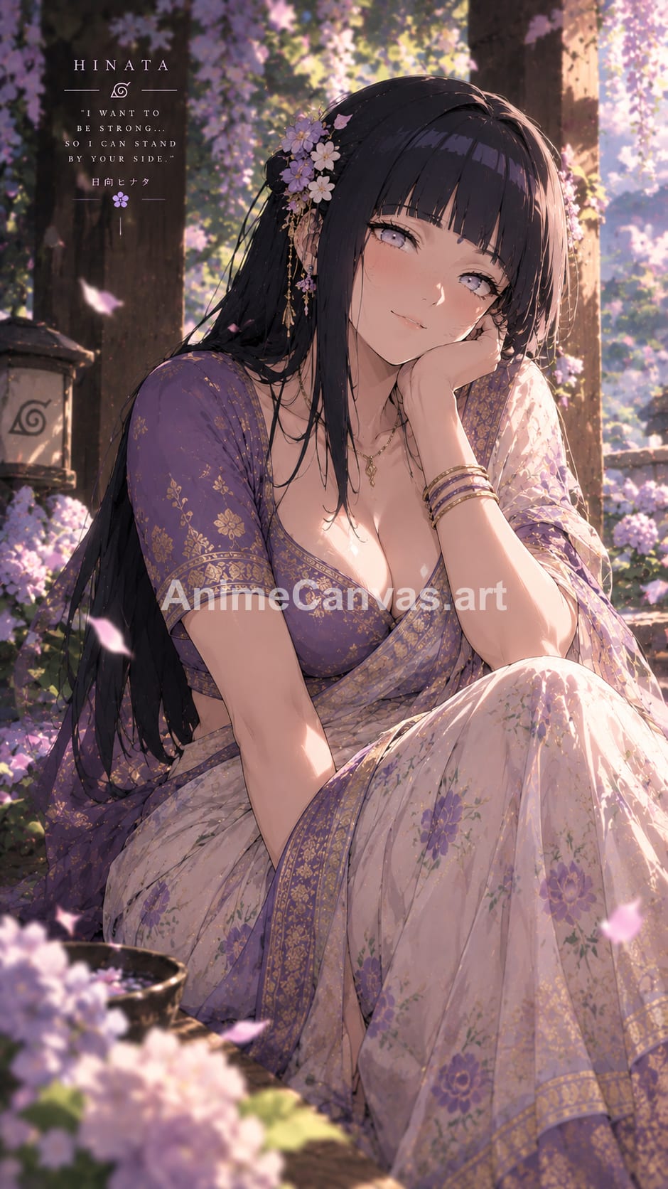 Anime wallpaper of Hinata Hyuga from Naruto wearing a purple floral dress, sitting in a garden with purple flowers and a Konoha lantern in the background.