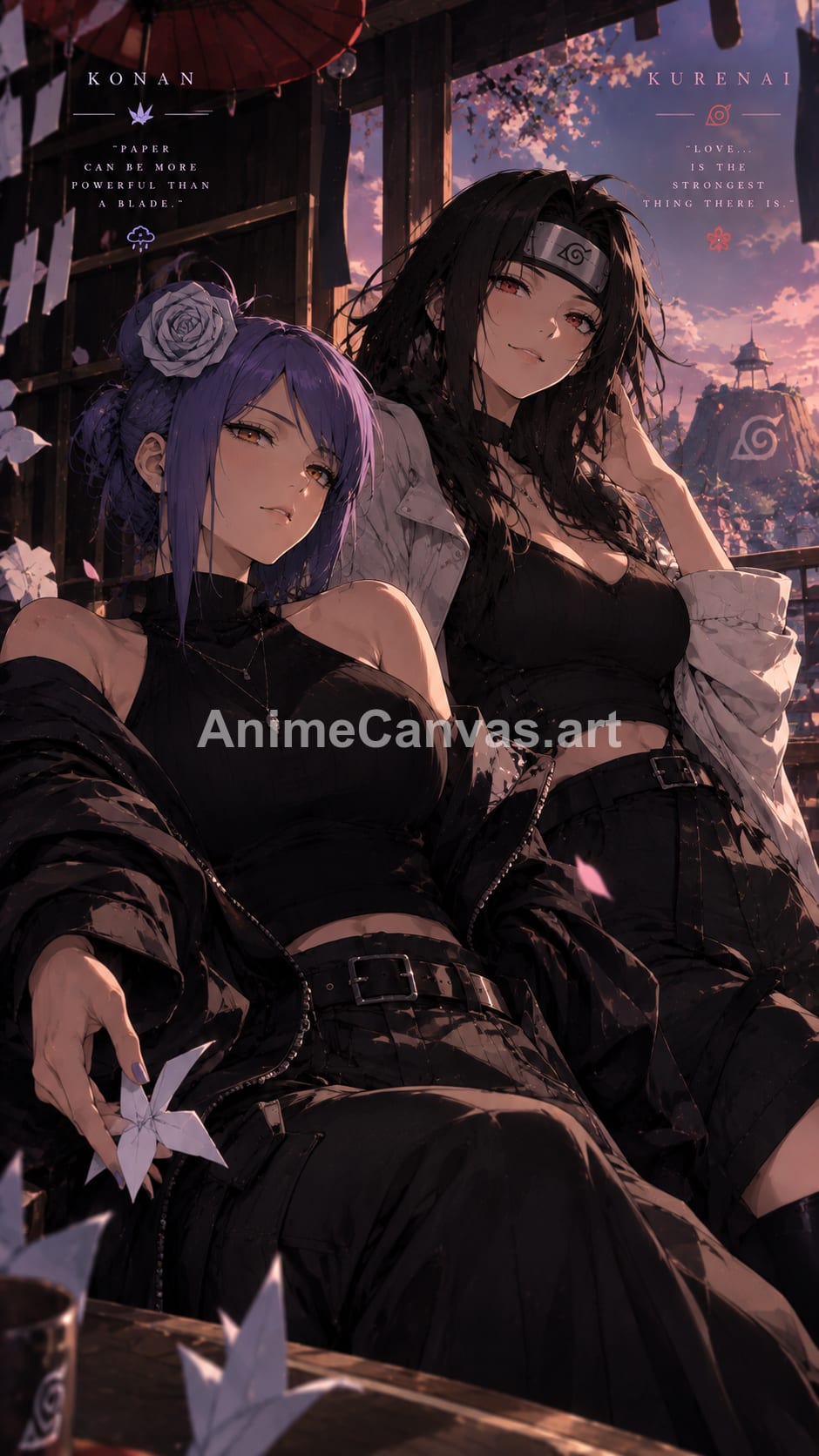 Anime wallpaper of Konan and Kurenai Yuhi sitting together in black outfits with a Konoha village background at sunset