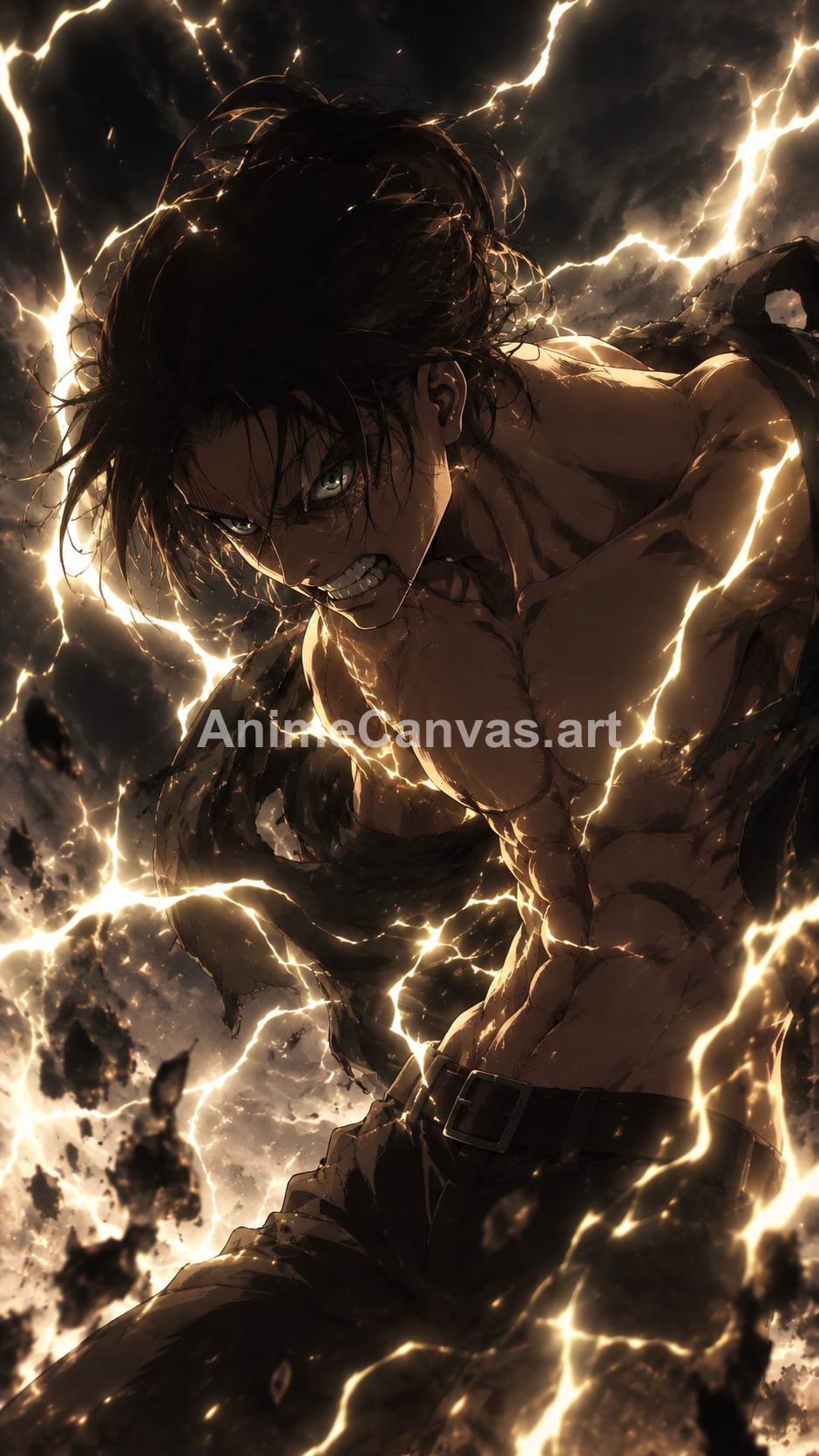 A dramatic mobile wallpaper featuring Guts from Berserk, shirtless and snarling, surrounded by crackling golden lightning against a dark, stormy background.