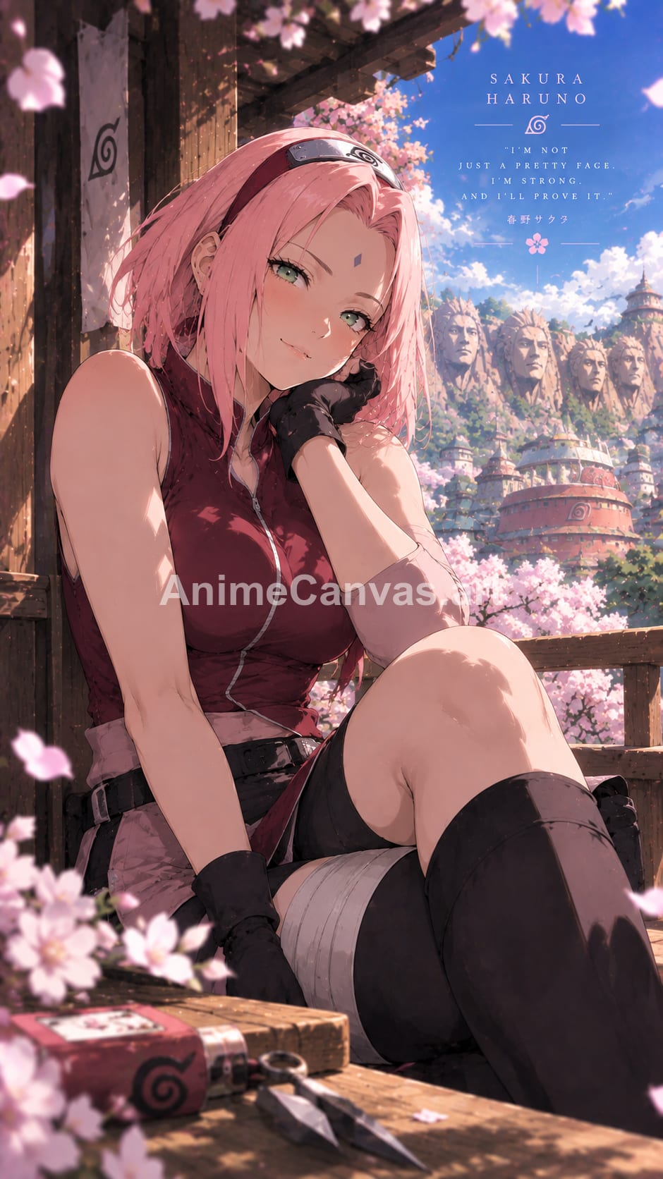 Sakura Haruno from Naruto sitting on a wooden ledge with cherry blossoms and the village in the background