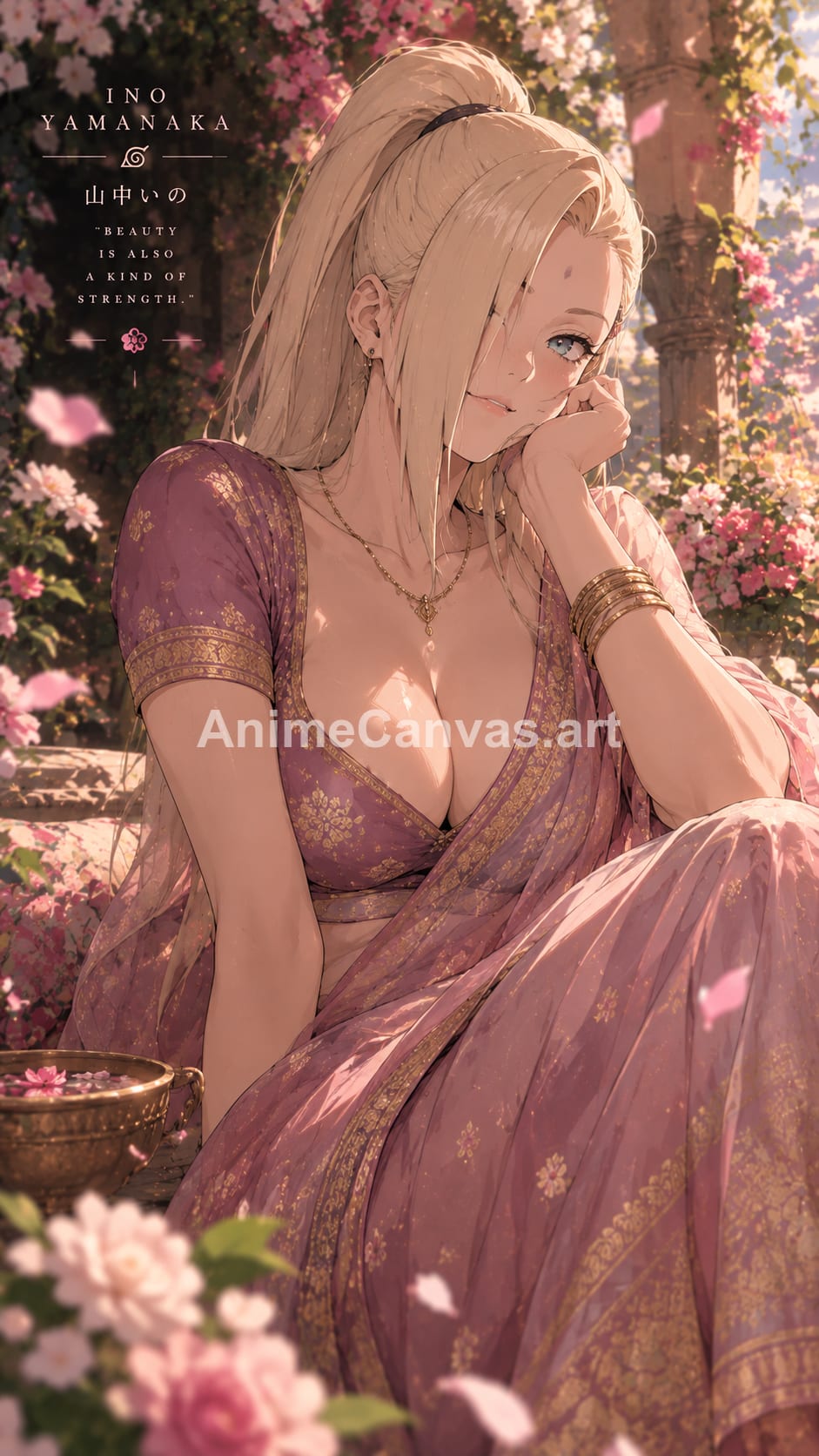Anime wallpaper of Ino Yamanaka from Naruto sitting in a garden with pink flowers, wearing a purple and gold outfit.