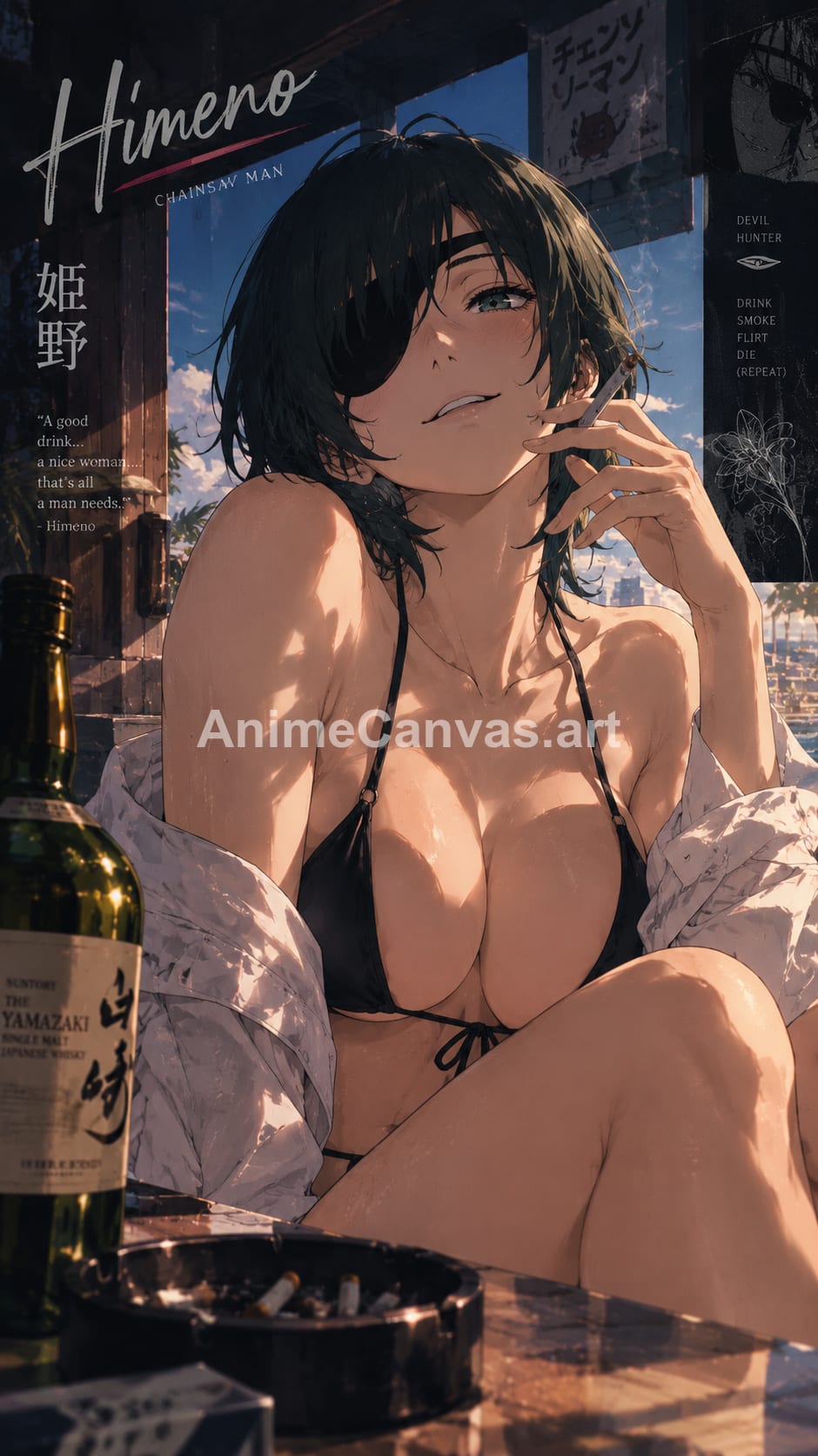 Anime wallpaper of Himeno from Chainsaw Man wearing a black bikini and eyepatch, sitting at a table with a whiskey bottle and cigarette.