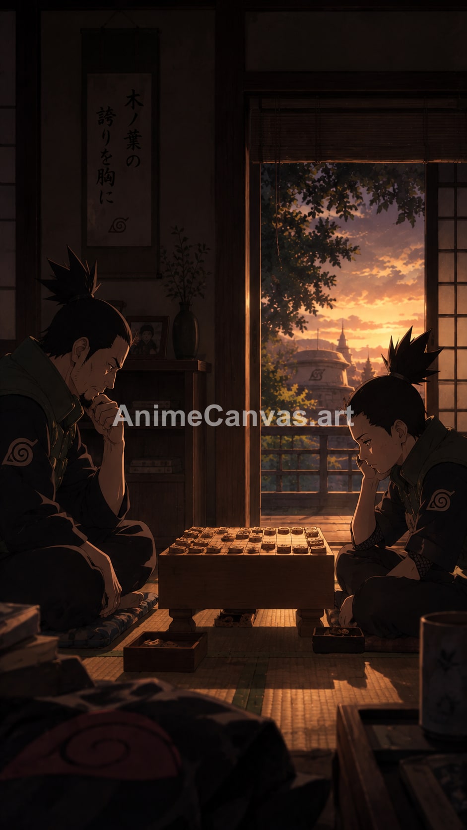 Naruto and Shikamaru sitting on tatami mats playing a game of shogi in a dimly lit room with a view of a sunset over a village.