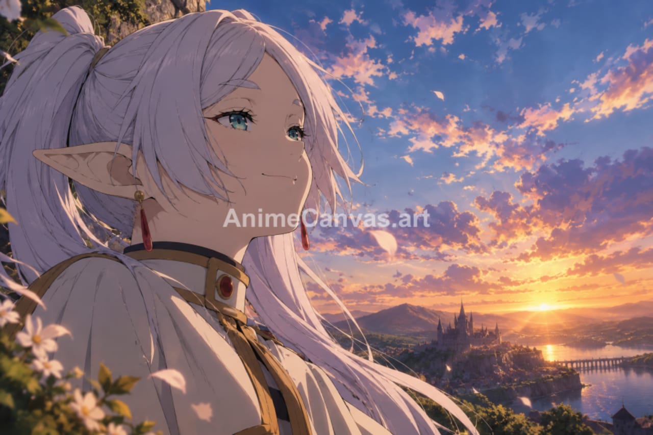 Anime elf with white hair and pointed ears looking at a sunset over a castle and river