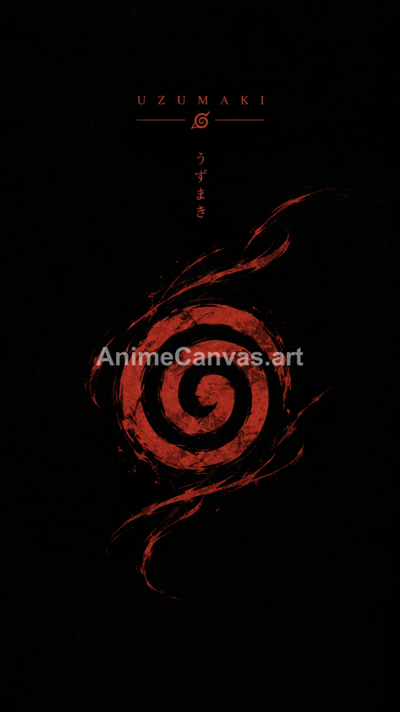 Red Uzumaki clan spiral symbol on black background with text