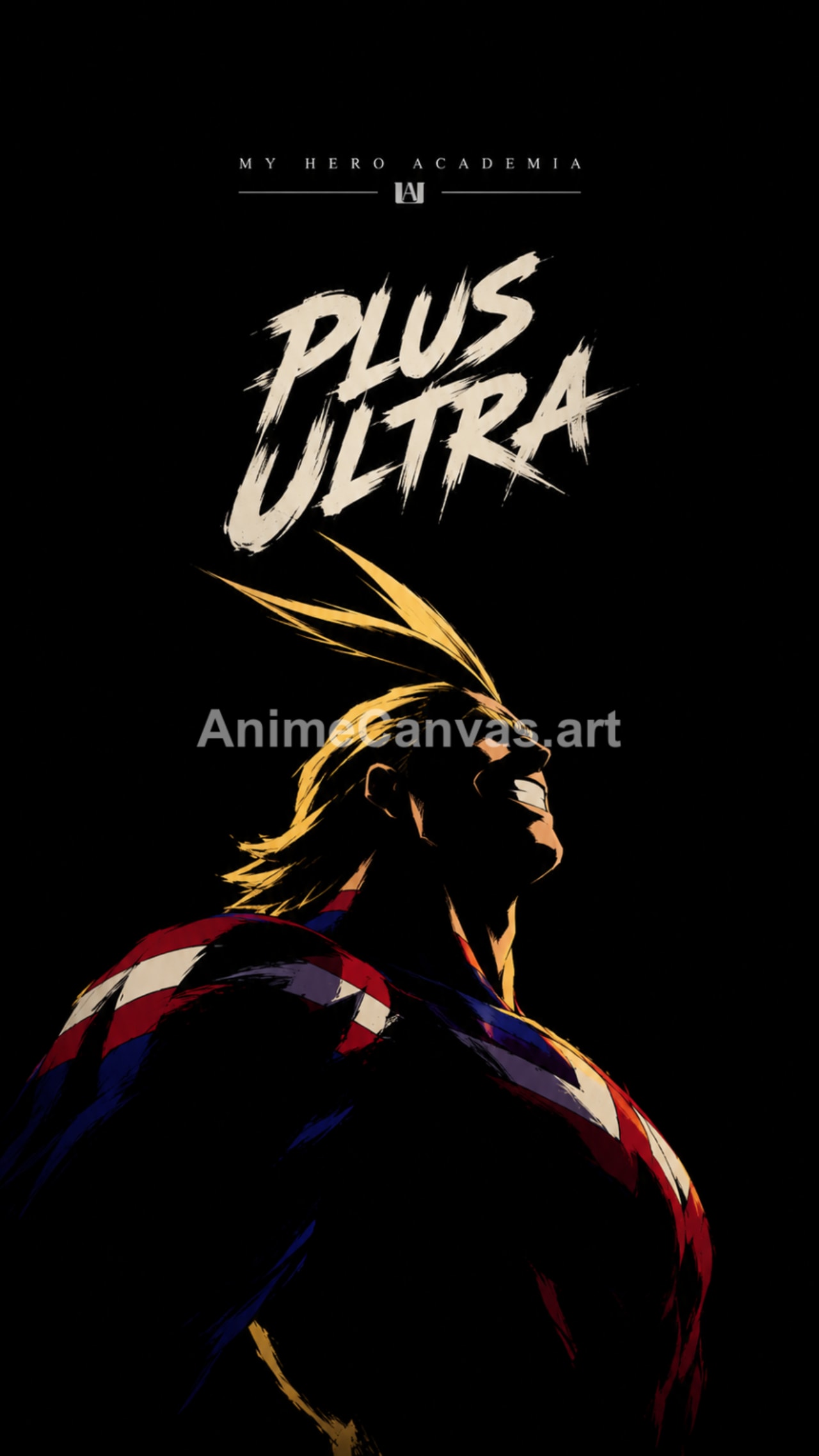 A stylized, dark silhouette of All Might from My Hero Academia looking upward with the text 'Plus Ultra' above him.