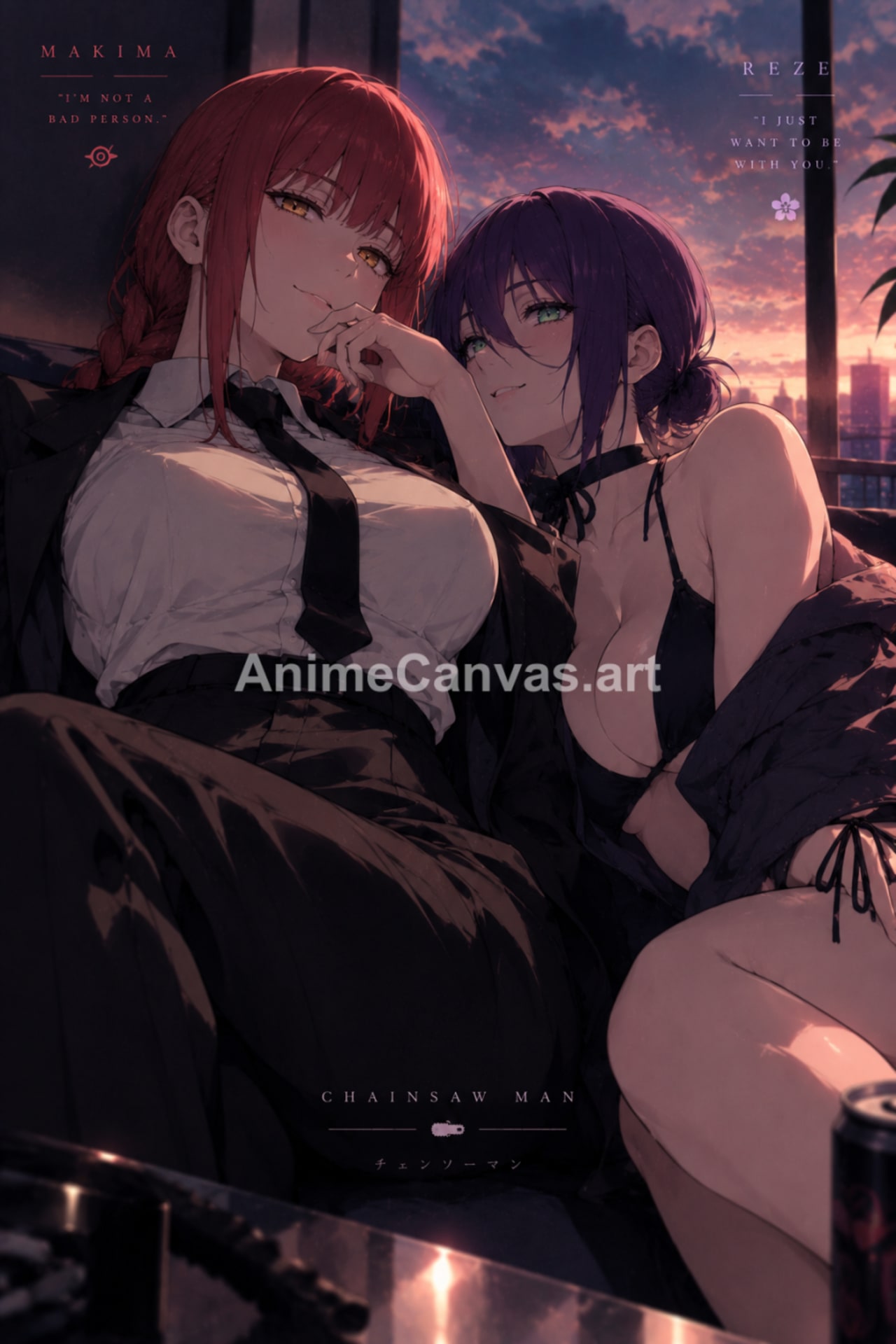 Anime illustration of Makima and Reze from Chainsaw Man sitting together at sunset