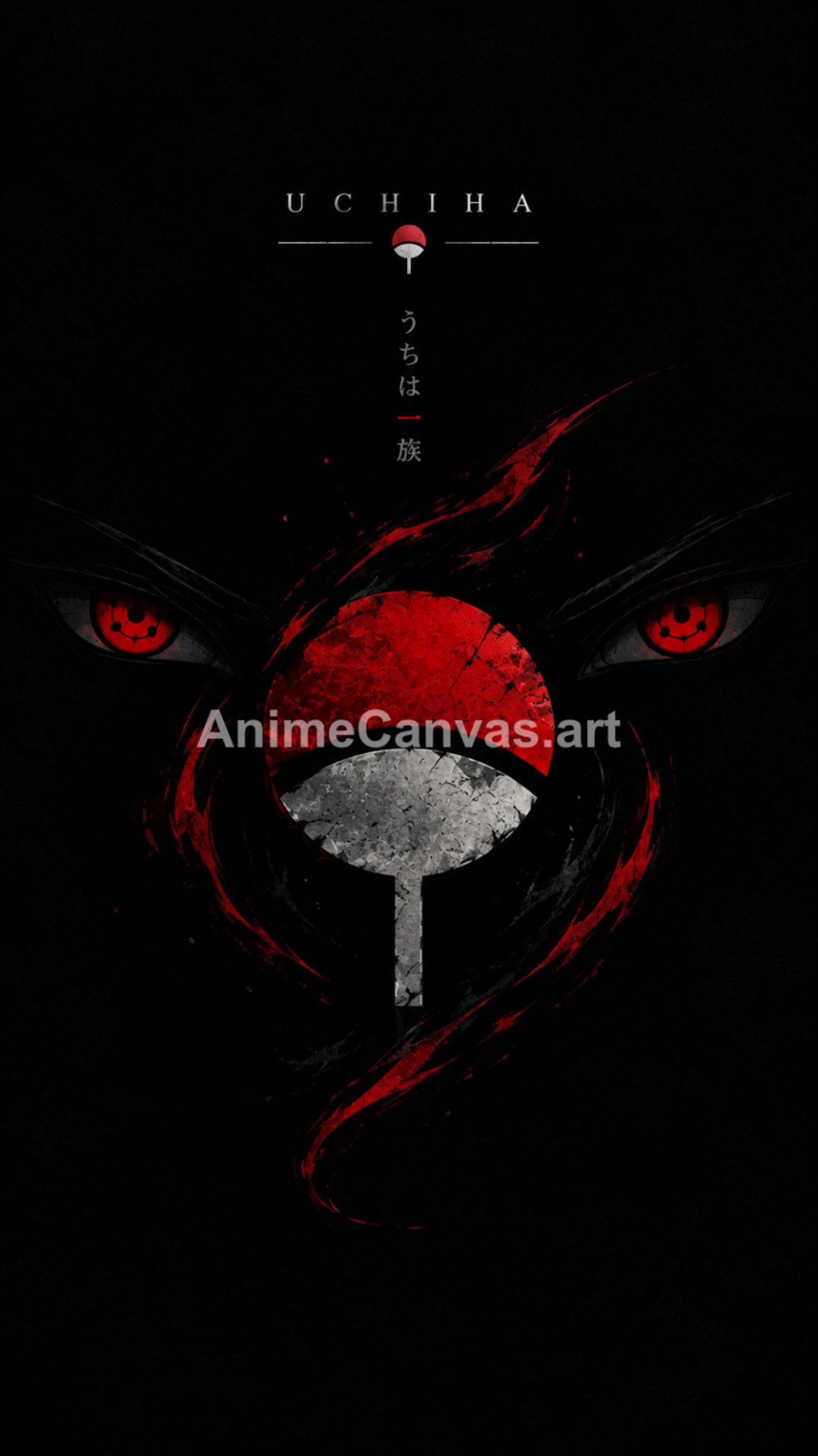 Dark wallpaper with the Uchiha clan symbol and red Sharingan eyes