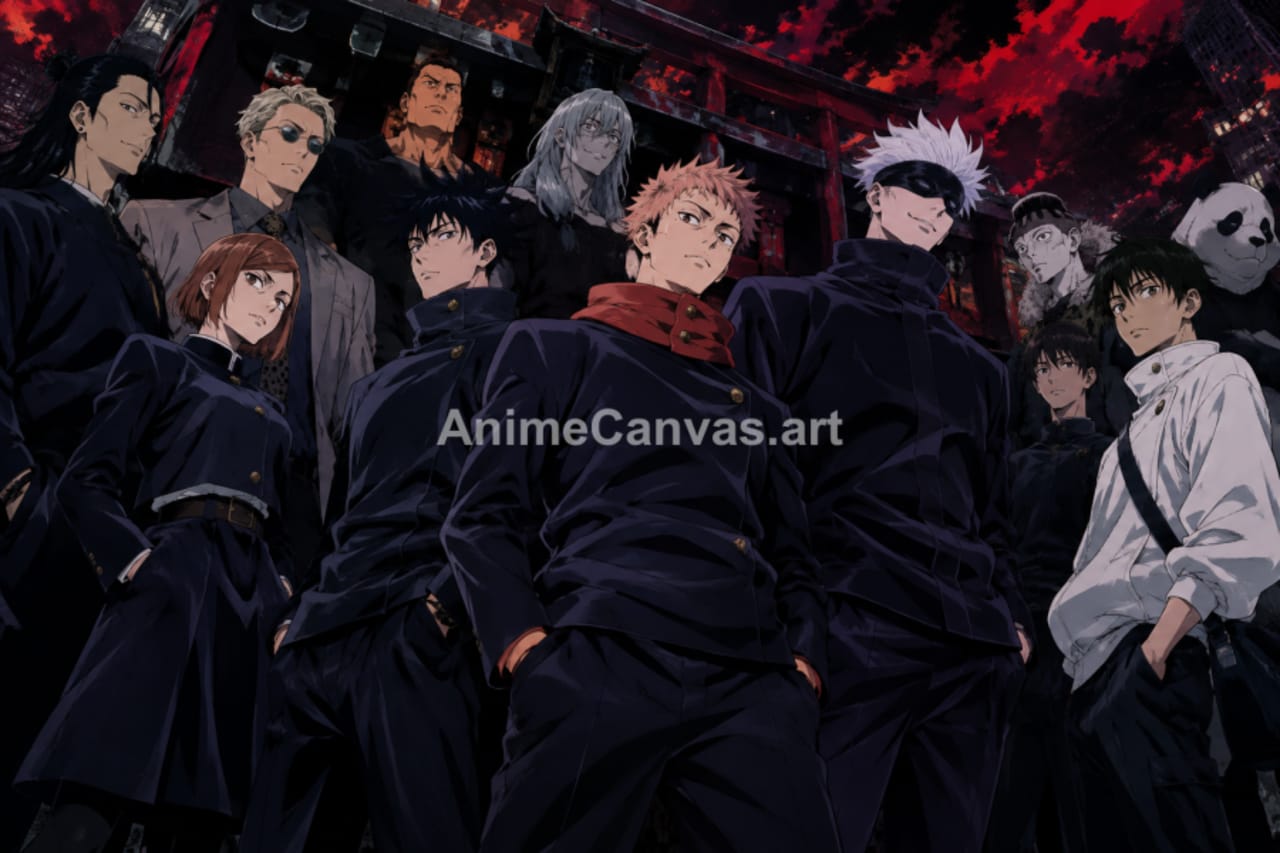 Jujutsu Kaisen characters including Itadori Yuji, Gojo Satoru, and Fushiguro Megumi standing in a group against a red background.