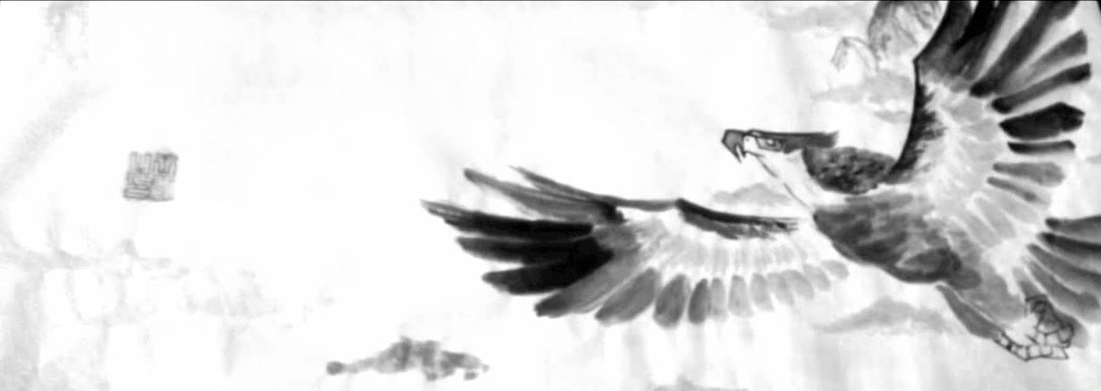 Chinese ink painting of an eagle swooping toward a fish, with a red seal at left