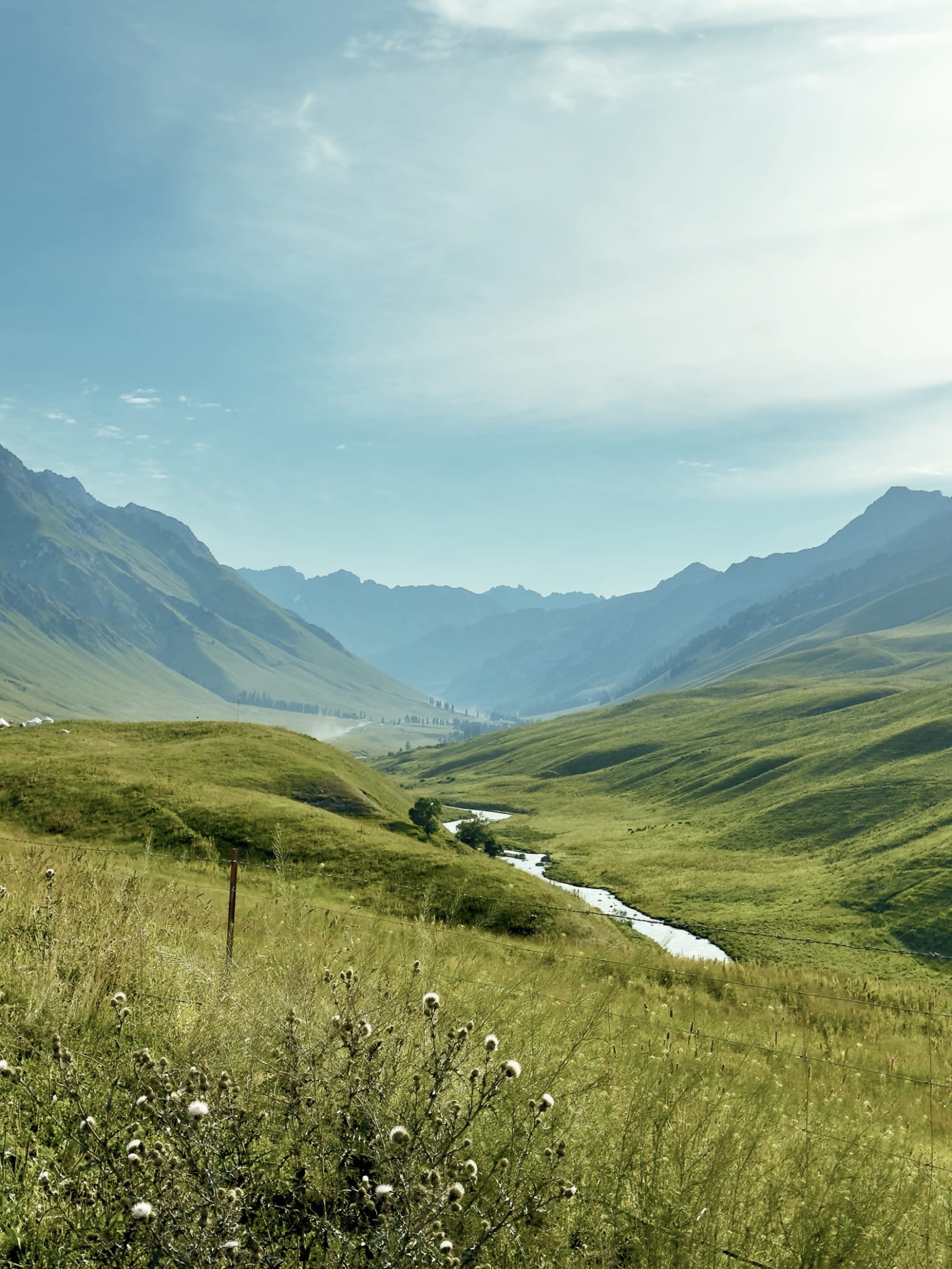 A stream winding through steep green hills