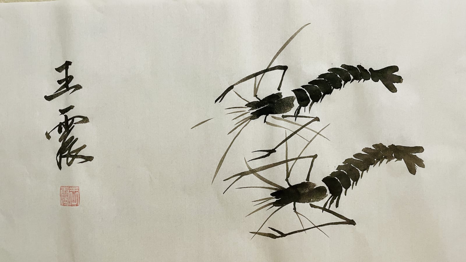 Ink painting of two shrimp among reeds