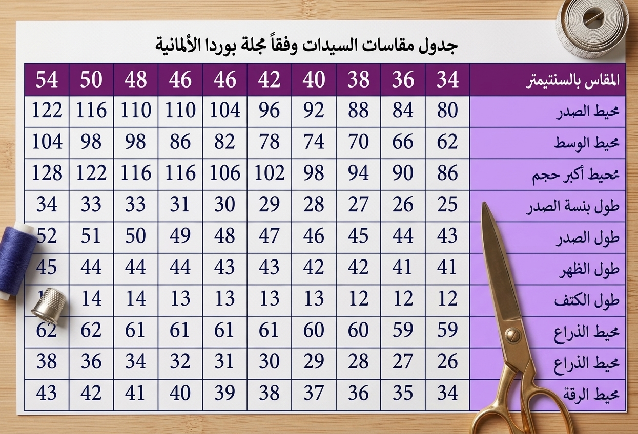 جدول مقاسات السيدات وفقاً لـ Burda
