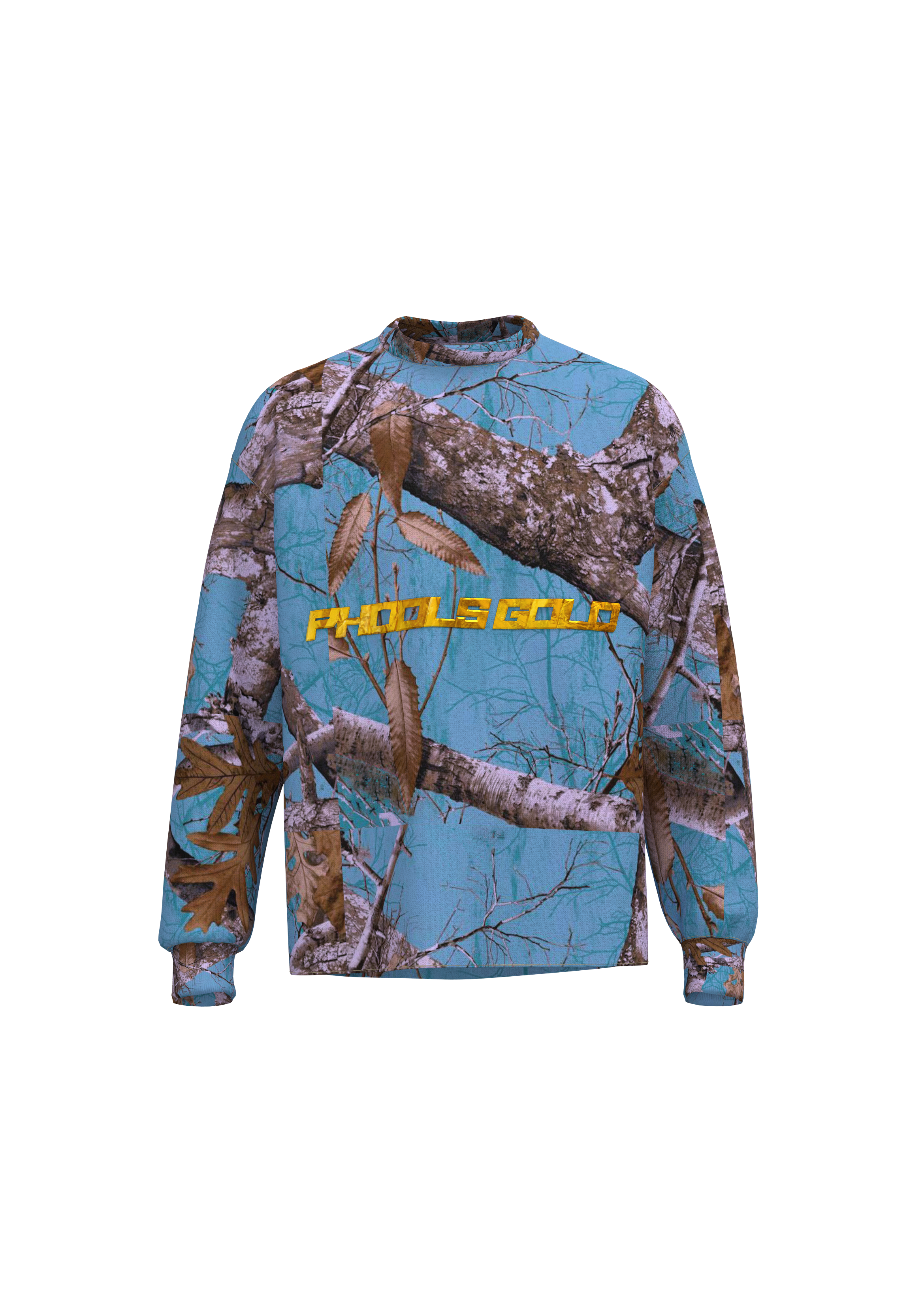 Phools Gold blue tree camo crewneck front with yellow logo text