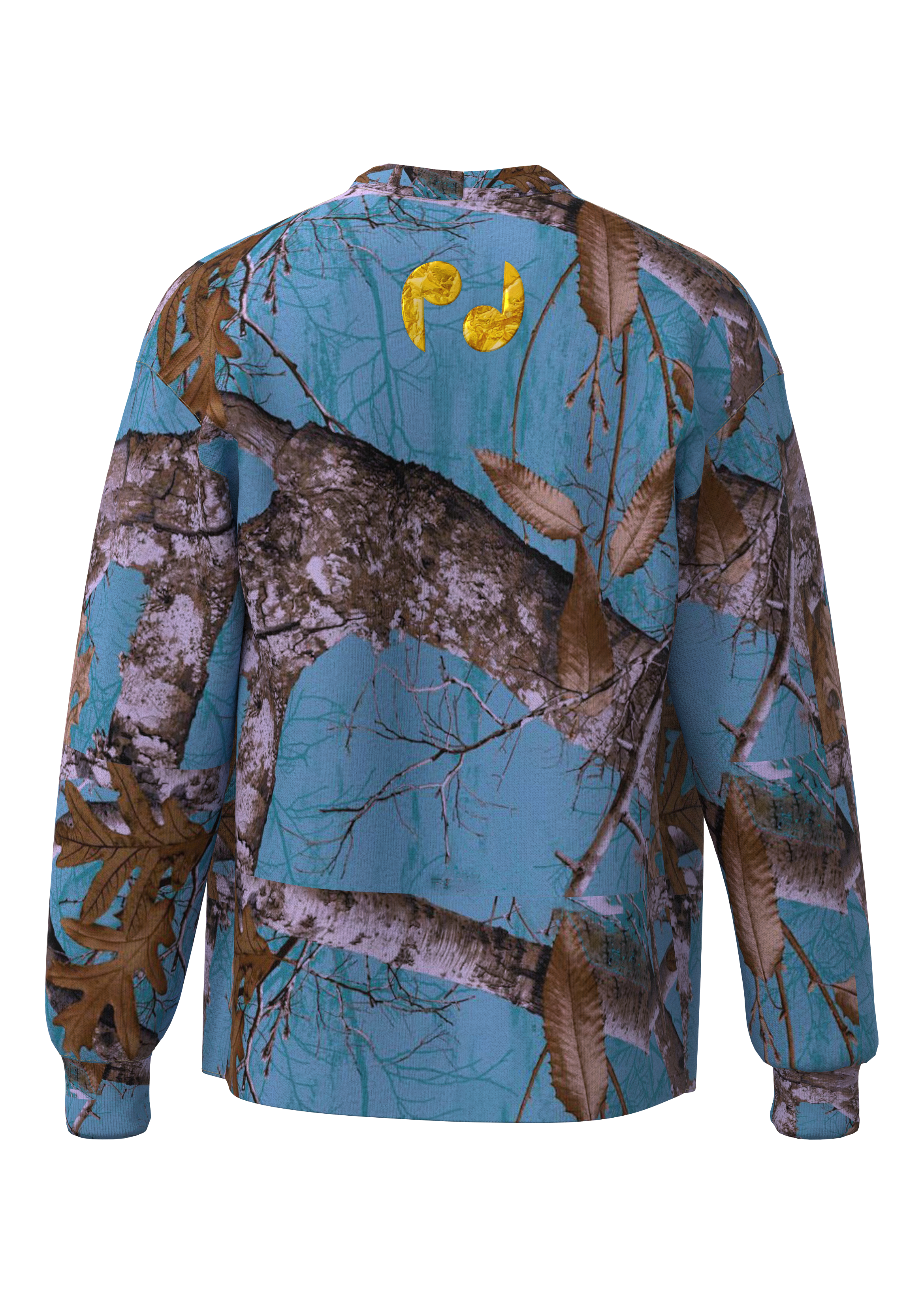 Phools Gold blue tree camo crewneck back with PJ logo