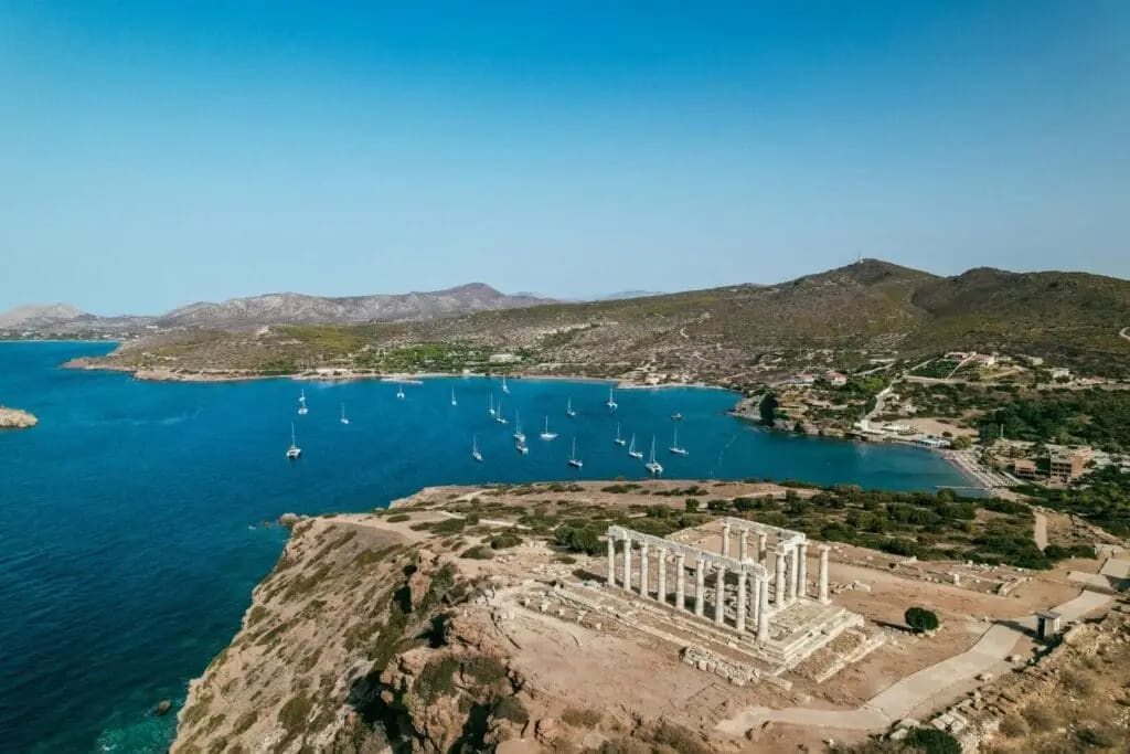 Drone Shot Of Temple Of Poseidon In