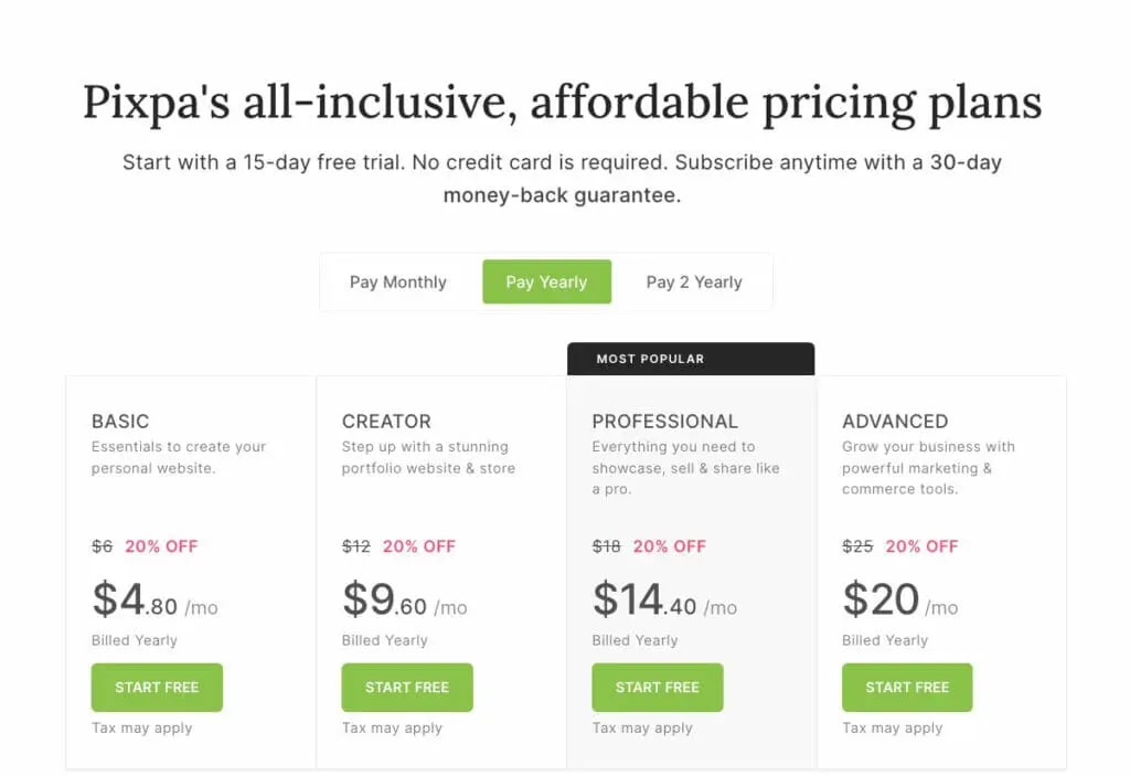 Pixpa Pricing Yearly 2