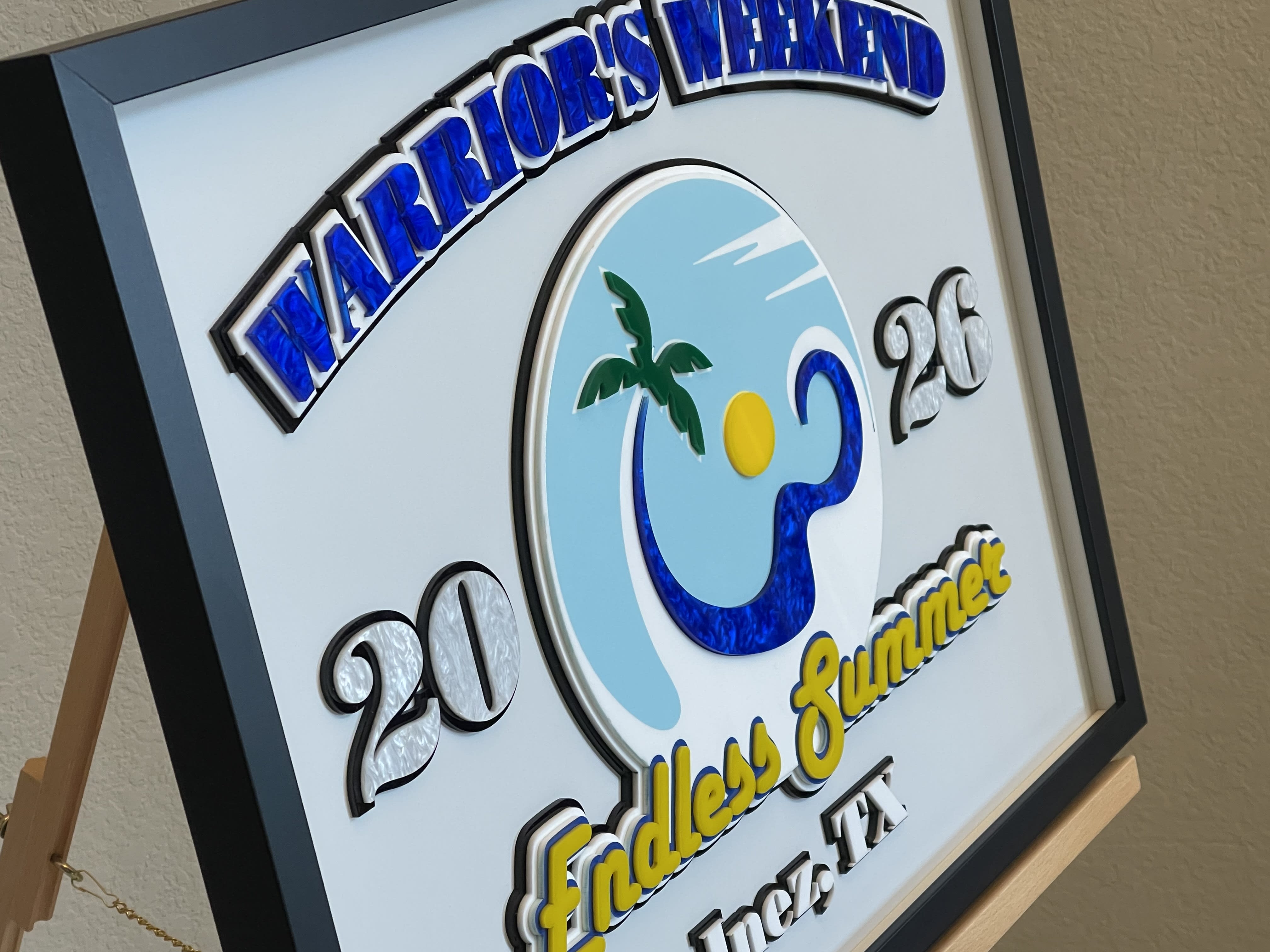 Warrior's Weekend Endless Summer 2026 angle view layered acrylic sign