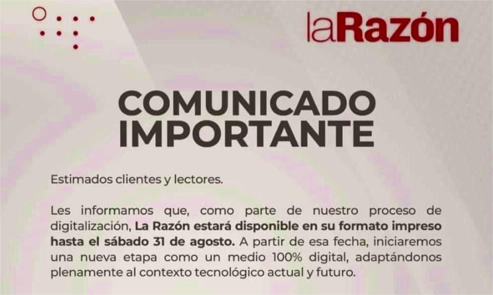Oficial: la última edición de La Razón papel circulará el sábado y será ...