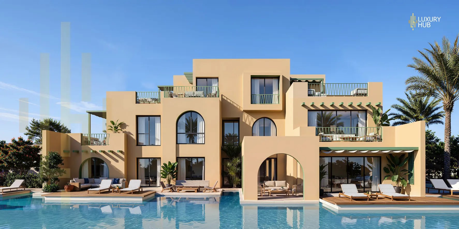 Swimming pool and modern residences in Makadi Heights, one of Egypt's fastest-growing Red Sea communities.