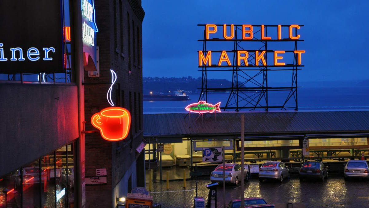 Coffee Sign at the Public Market Sign in Seattle.