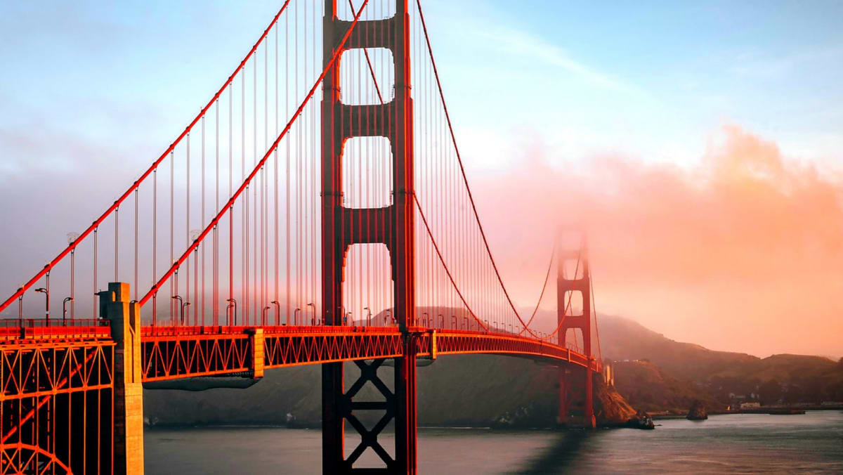 View of the Golden Gate Bridge in San Francisco in the fog. 