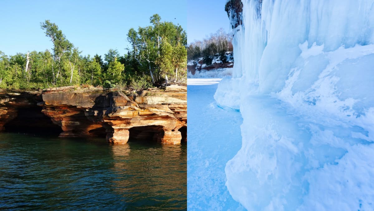 On the left: summertime on the Apostle Islands and on the right: the frosty cliffs of the Islands in winter. 