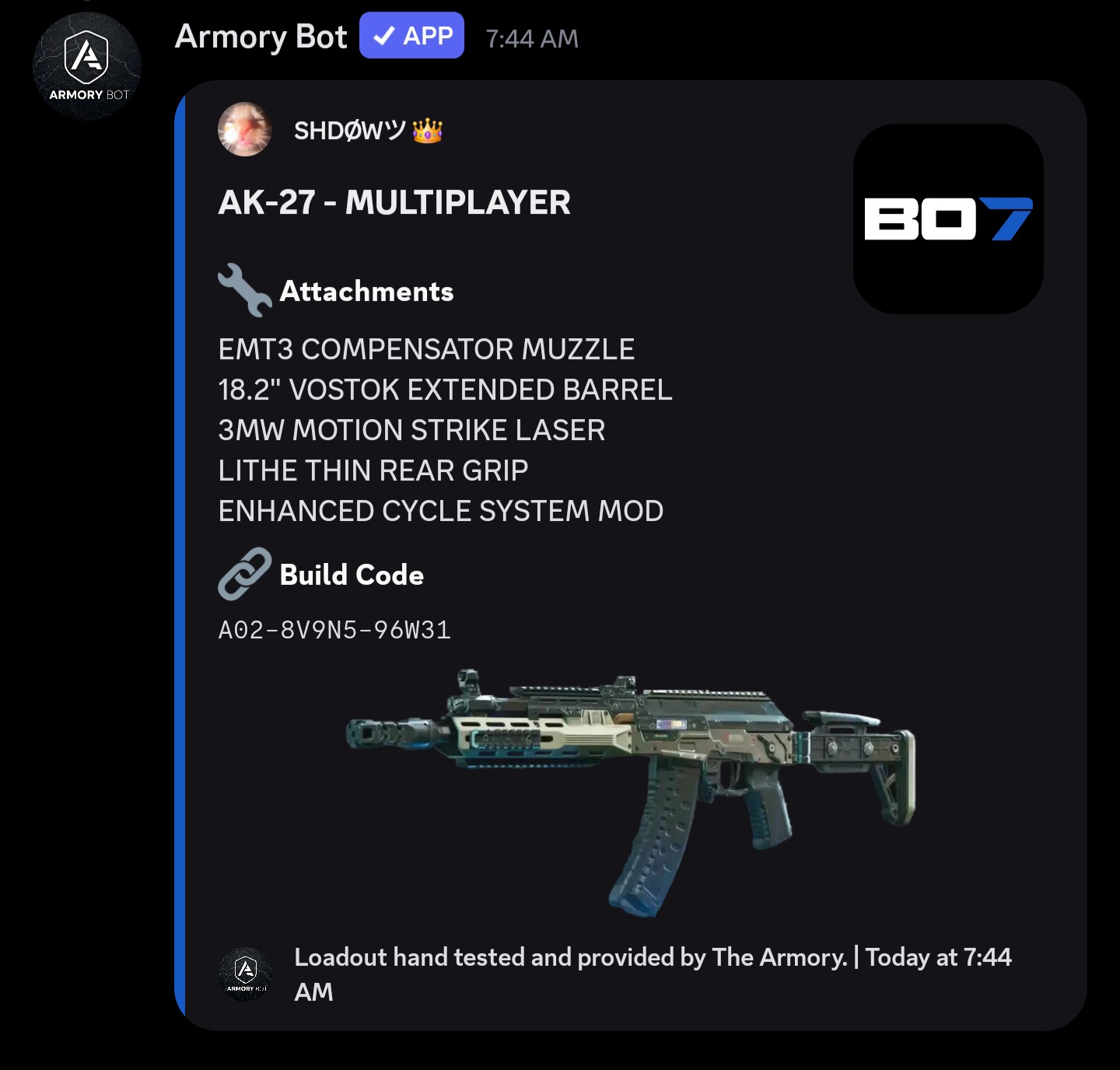 A screenshot of the /loadout command.